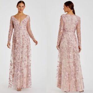 NWT 70224 Mac Duggal Pink Floral Applique Long Sleeve Illusion Gown